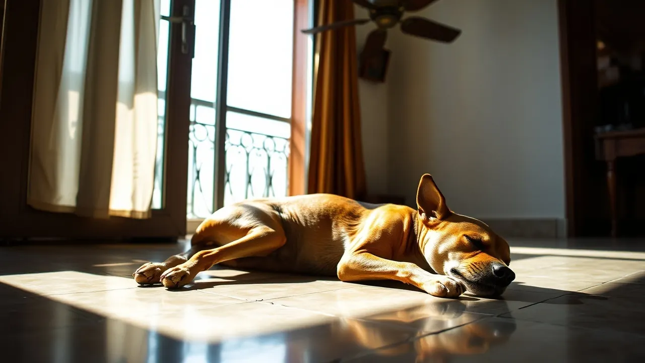 An Indian pariah dog sleeps on a cool stone floor at home, answering how many hours do dogs sleep