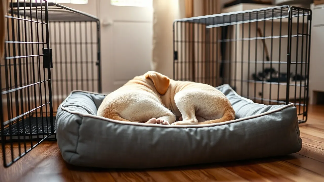 A Labrador puppy sleeps on a dog bed beside a crate, answering how many hours do dogs sleep as puppies
