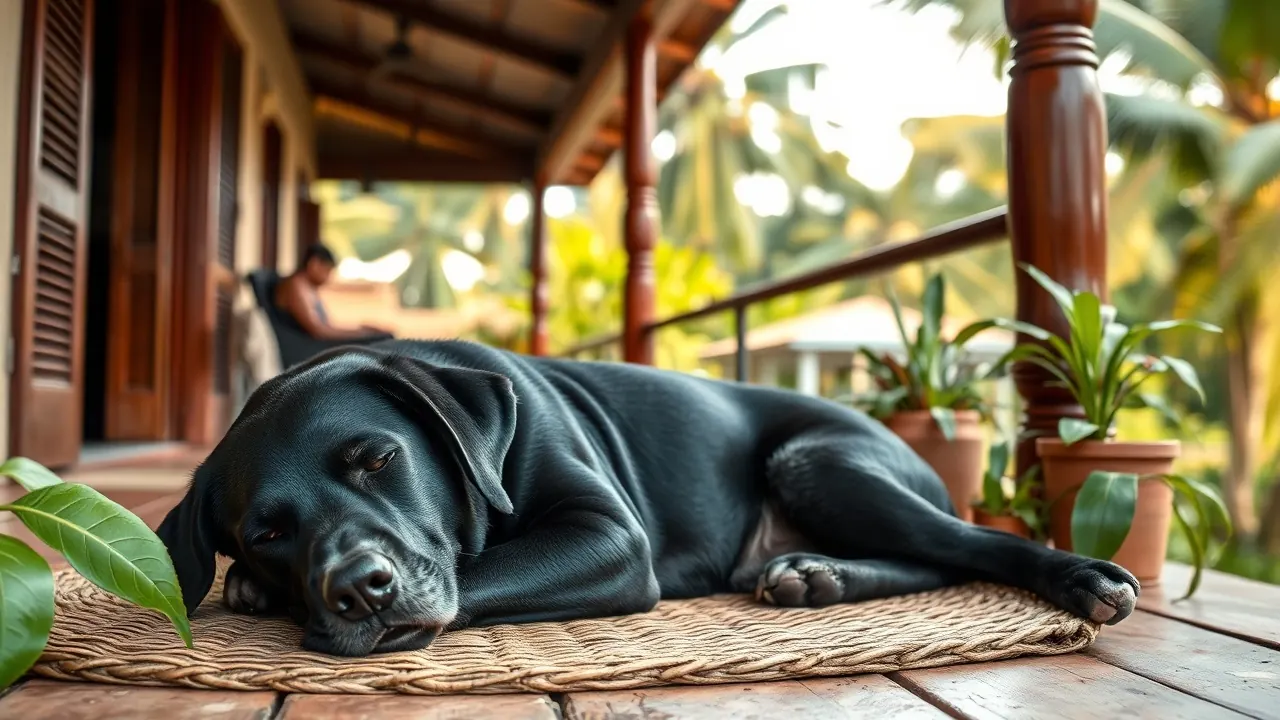 A grey-muzzled senior Labrador naps on a veranda mat, answering how many hours do dogs sleep in old age