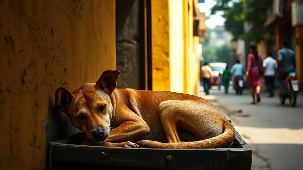 An Indian street dog sleeps in midday shade in Kolkata, part of research on how many hours do dogs sleep