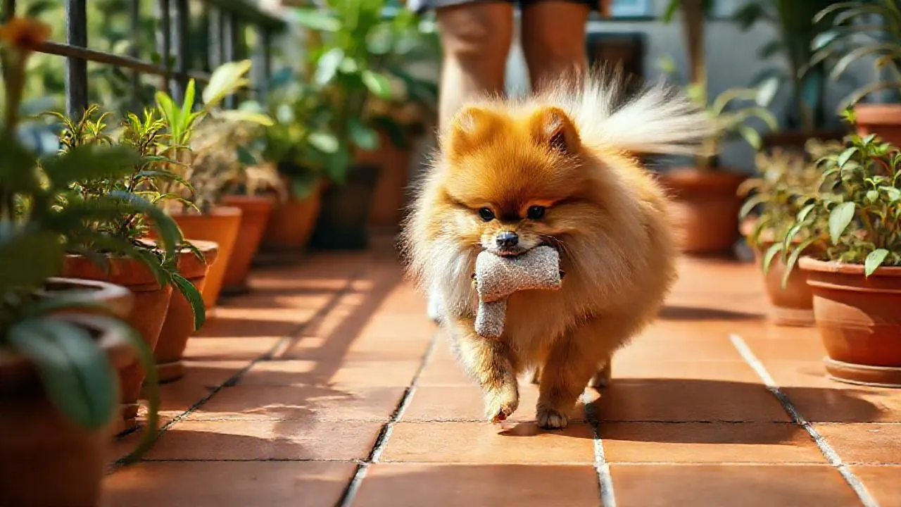 A Pomeranian carries a plush toy on a Bengaluru terrace, a breed among dogs that understand many words