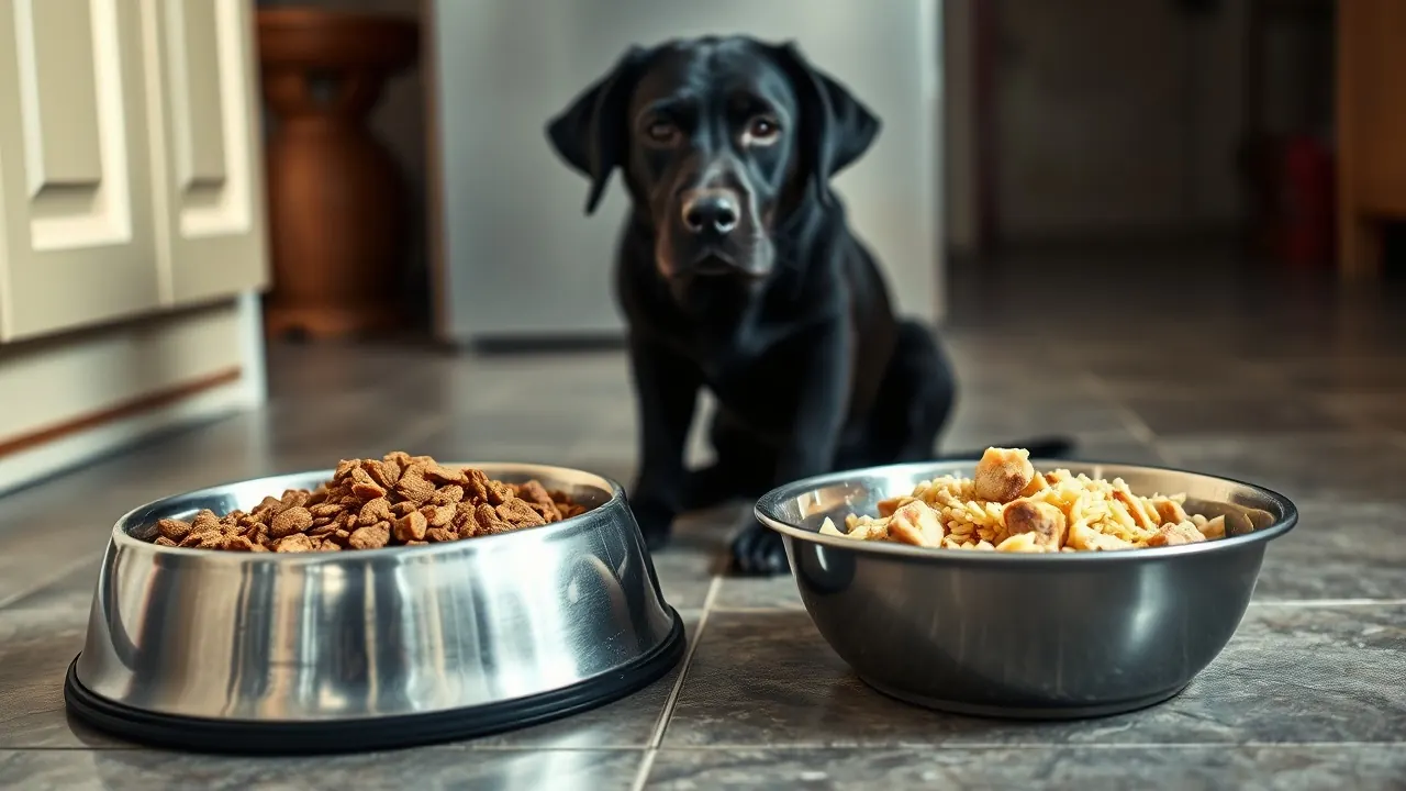 Bowls of kibble, rice with chicken and water before a black Labrador: how much water does a dog need