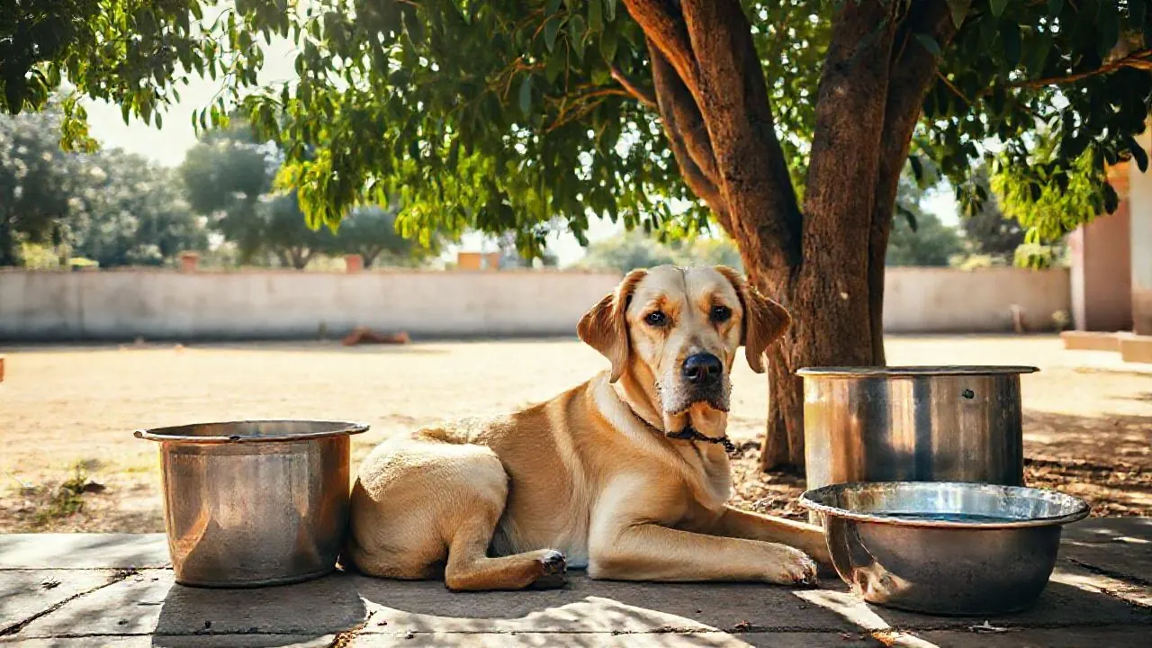 Golden Labrador in neem shade by a steel bucket, showing how much water does a dog need in summer