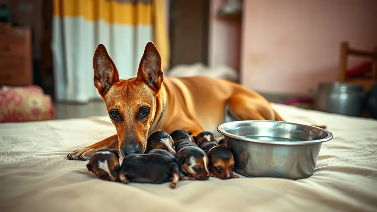 Indian Pariah mother nursing four puppies by a steel bowl: how much water does a dog need when nursing