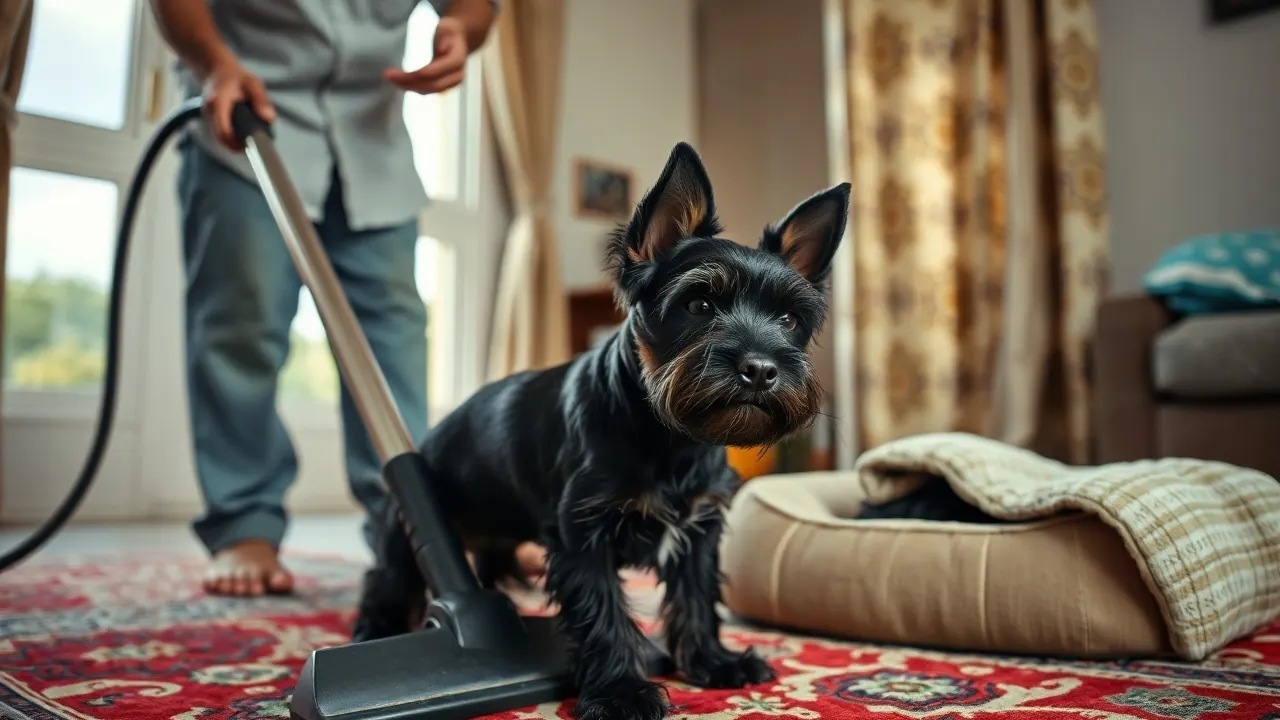 A black Miniature Schnauzer, sold as a hypoallergenic dog breed, watches from its bed as a rug is vacuumed