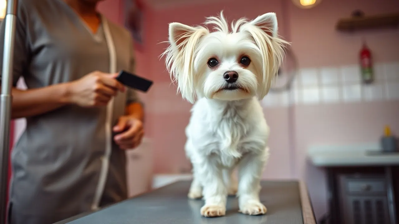 A white Maltese, a hypoallergenic dog breed on the AKC list, stands on a grooming table