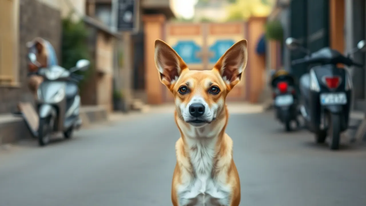 A tan and white Indian Pariah Dog, not yet an officially recognised Indian dog breed, sits on a lane