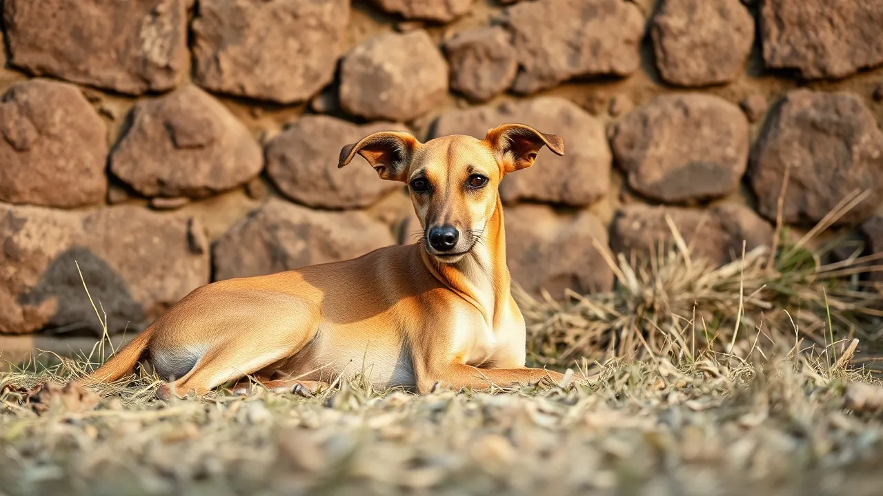 A fawn Mudhol Hound, an officially recognised Indian dog breed since 2020, rests beside a stone wall