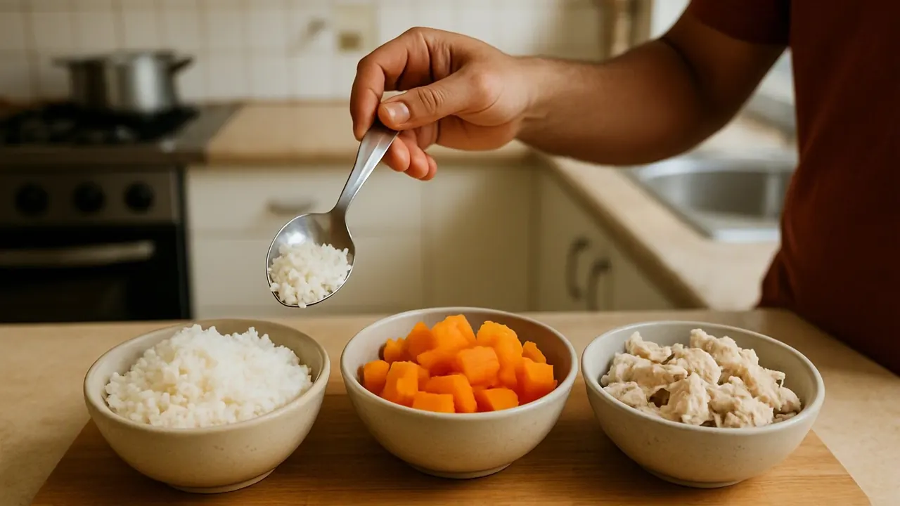 Bowls of rice, pumpkin and boiled chicken measured with a spoon for a home-made Indian dog diet chart