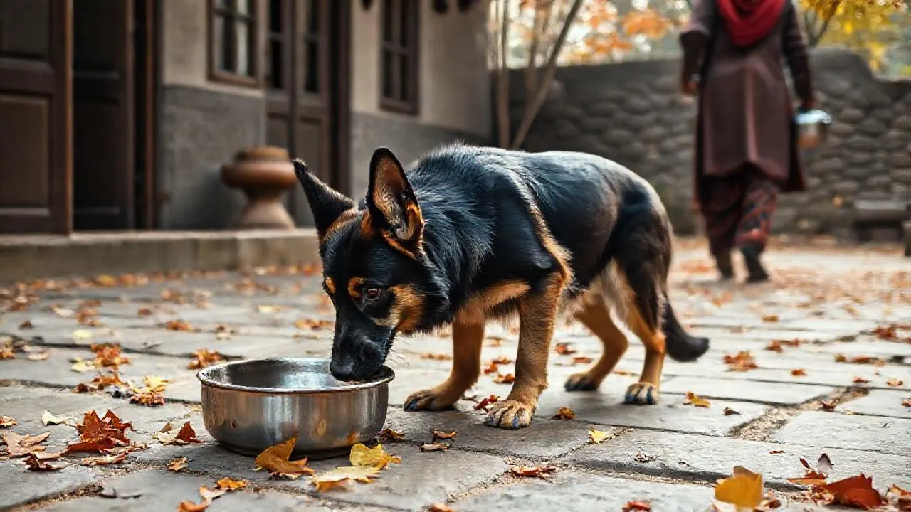 A German Shepherd eats a home-cooked meal in a Kashmiri courtyard, the Indian dog diet chart in practice