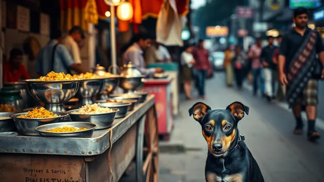 Indie dog sitting on a Mumbai pavement near an evening chaat cart with bowls of pani puri and sev
