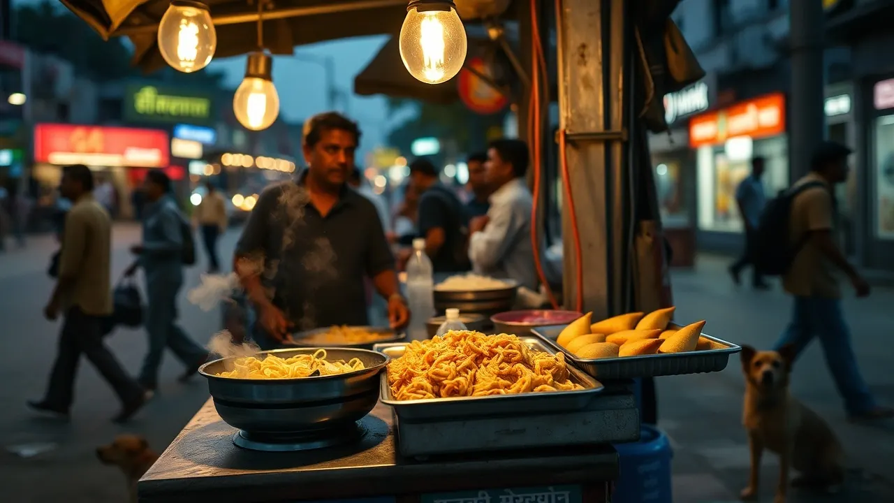 Indo-Chinese noodle cart with a wok over a flame at night, a brown Indie dog lying nearby