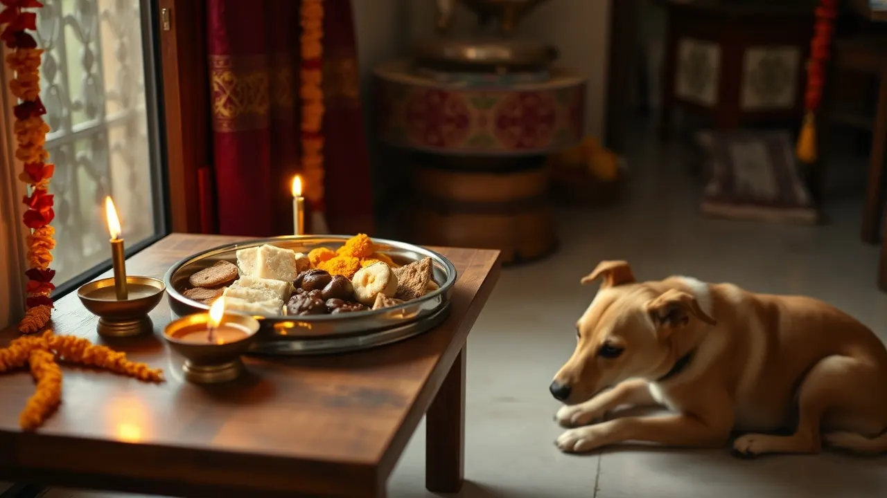 Fawn Indie dog resting on a tiled floor beside a low table with a thali of Indian sweets and diyas