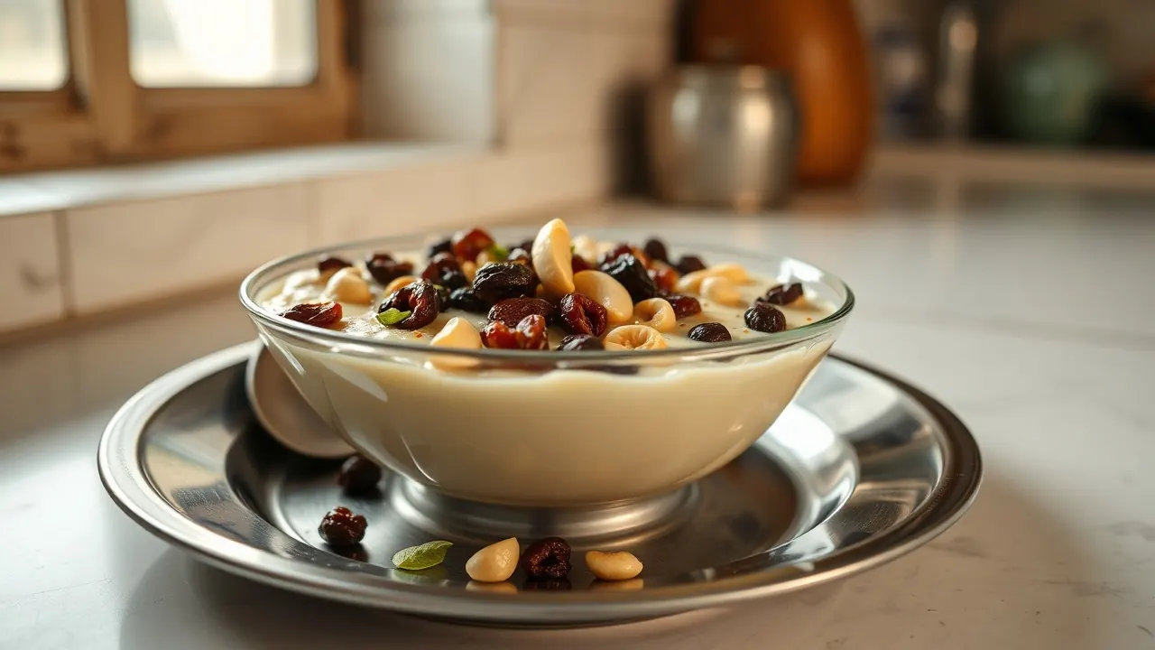 Bowl of kheer topped with raisins, cashews and cardamom on a steel plate in an Indian kitchen