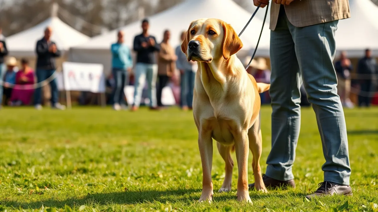 A Labrador stands in a show ring at an Indian dog show, where Kennel Club of India registration matters