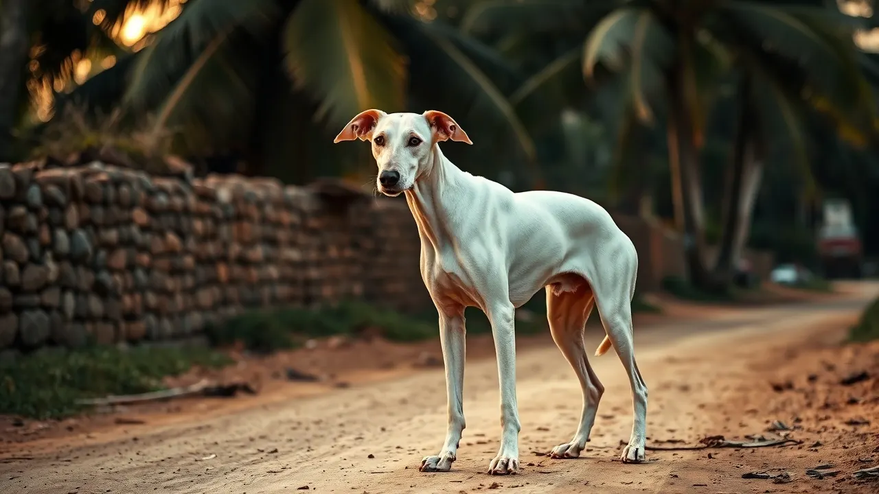 A white Rajapalayam stands on a Tamil Nadu village lane, an Indian breed with half-price Kennel Club of India registration