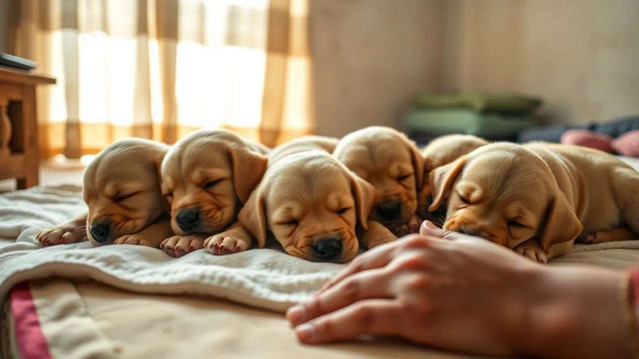 A litter of golden retriever puppies asleep at home, the kind of litter registered with the Kennel Club of India
