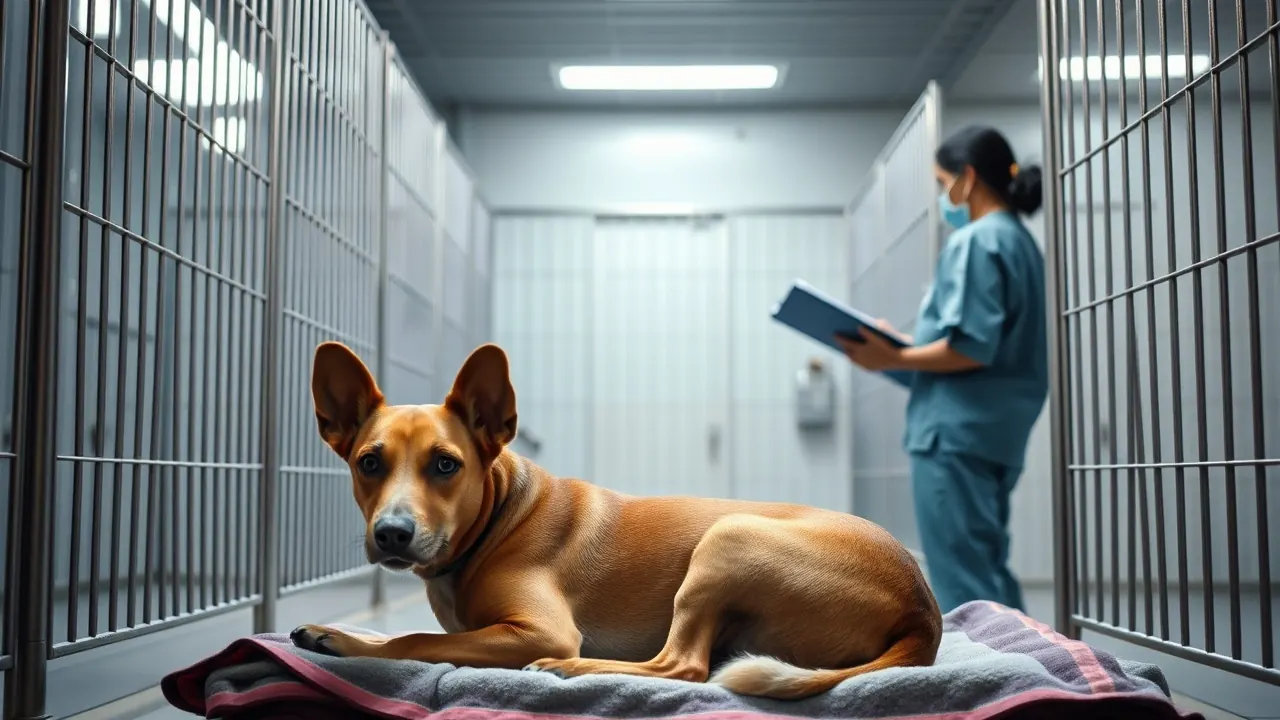 A calm street dog resting in a clean recovery kennel at an ABC centre, part of managing Kerala stray dogs