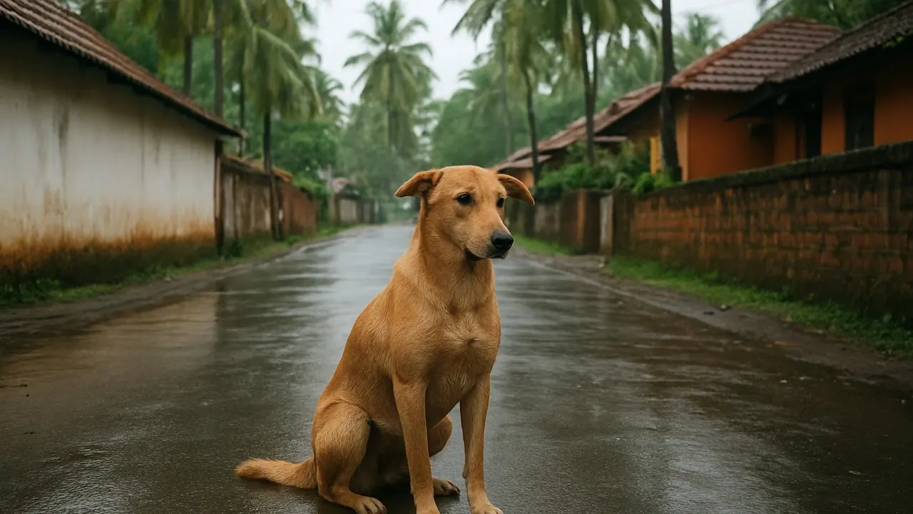 A calm street dog on a rain-washed lane in a Kerala town, illustrating district data on Kerala stray dogs