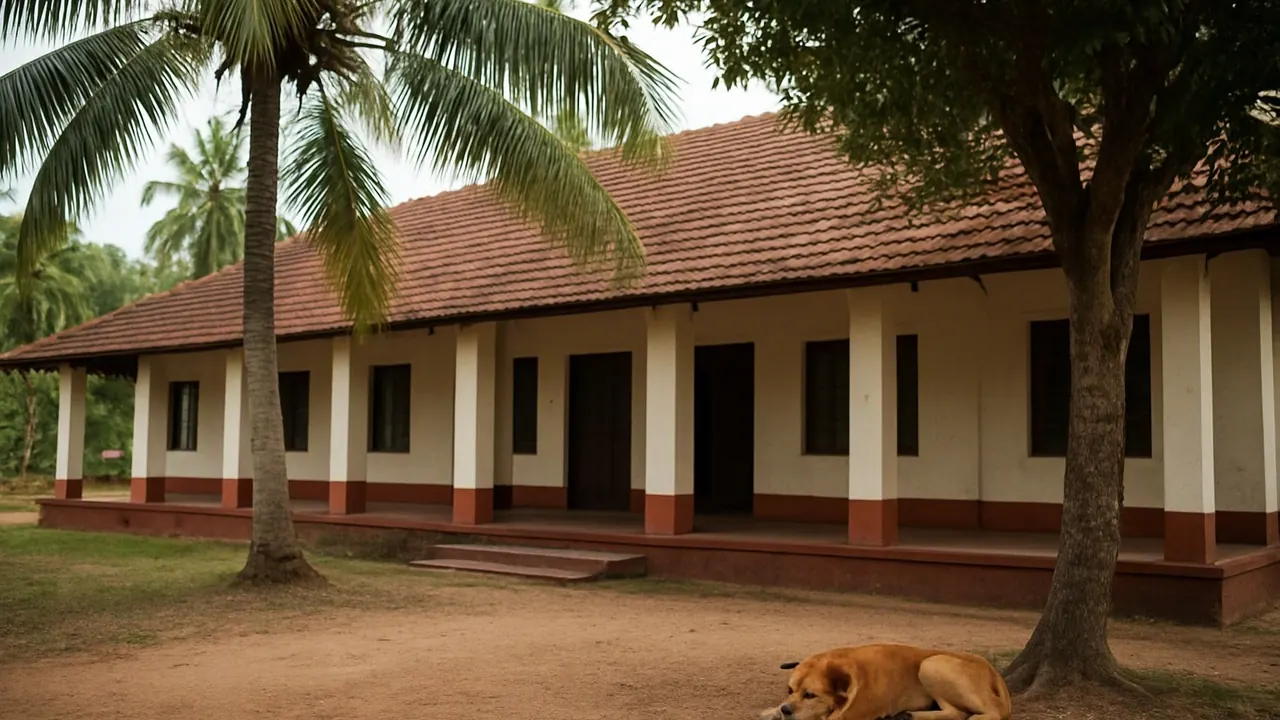 A community dog resting outside a government office, illustrating compensation claims for bites by Kerala stray dogs