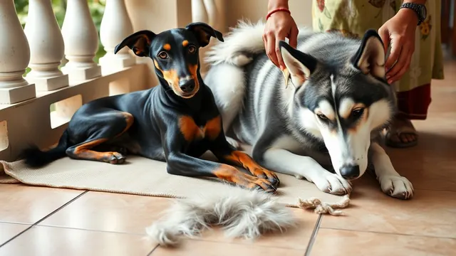 A short-coated Kanni resting on a mat while a Siberian Husky is brushed and sheds undercoat on an Indian verandah