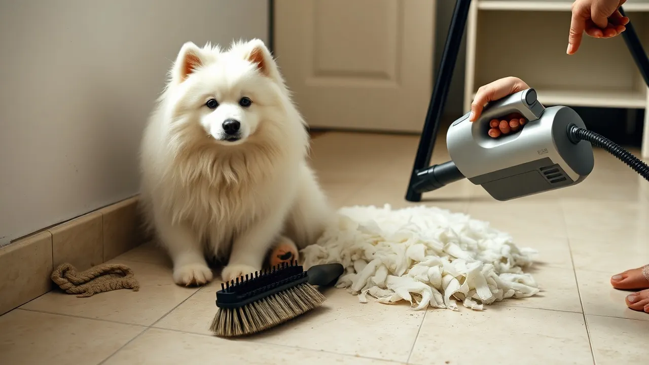 A white Samoyed sitting beside a pile of shed undercoat and a brush on a tiled floor