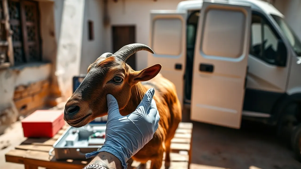 A vet's gloved hands examine a healthy goat in a Rajasthan courtyard during a mobile veterinary unit visit