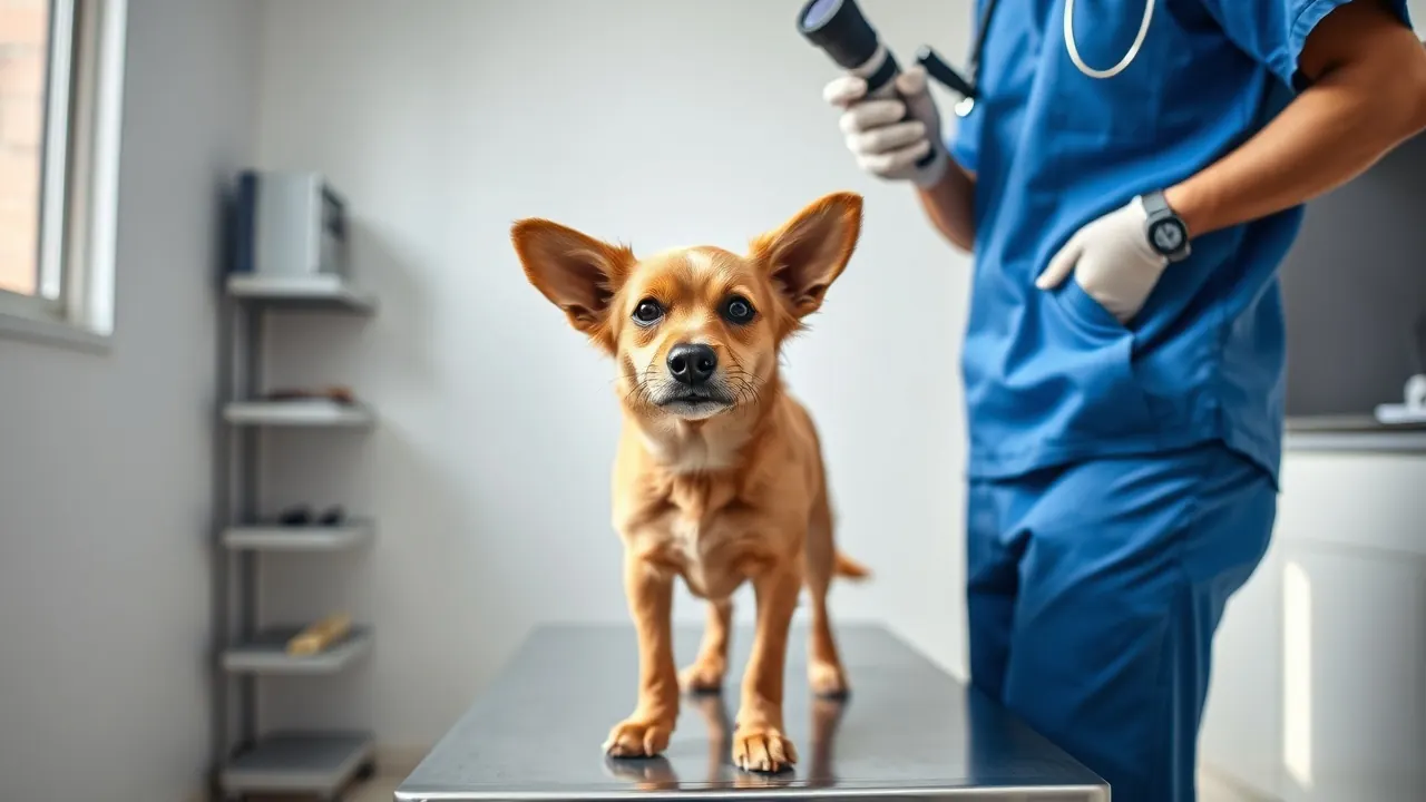 A vet checks a calm Indian dog's ear, since ear infection is among the most common dog health problems