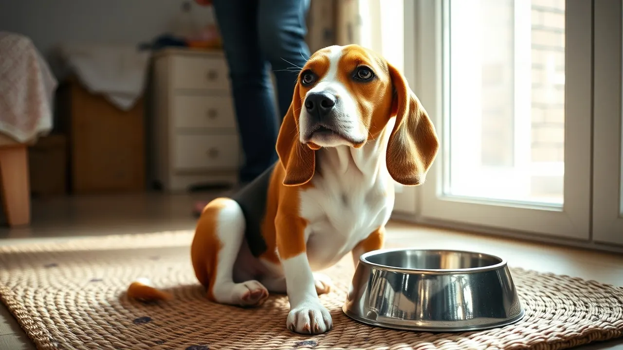 A Beagle sits beside its food bowl at home, as obesity tops the most common dog health problems for Beagles