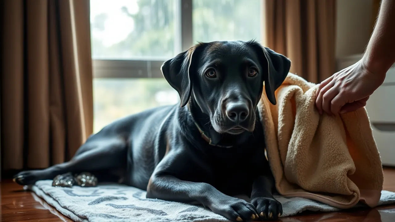 A black Labrador being towel-dried after monsoon rain, a habit that helps prevent dog skin infection