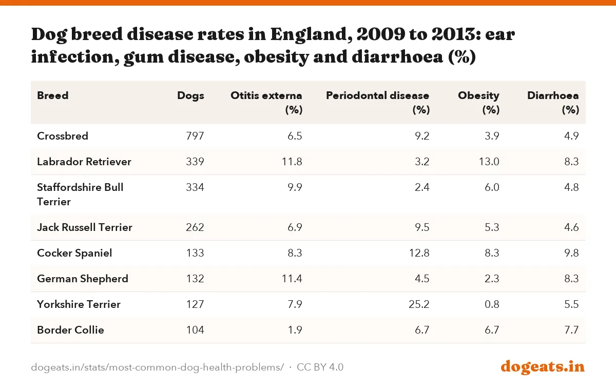 Dog breed disease rates in England, 2009 to 2013: ear infection, gum disease, obesity and diarrhoea (%)