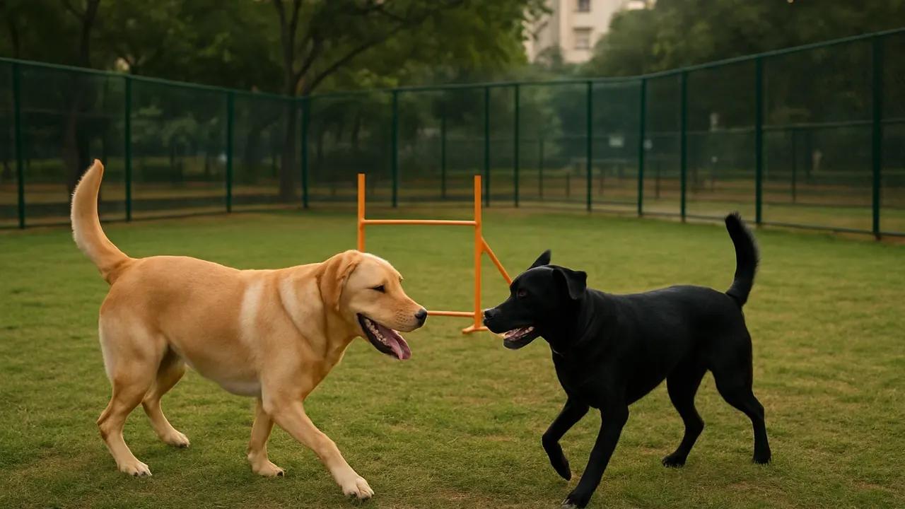 Two dogs explore a fenced public dog park at dusk, a rare feature among pet friendly cities in India