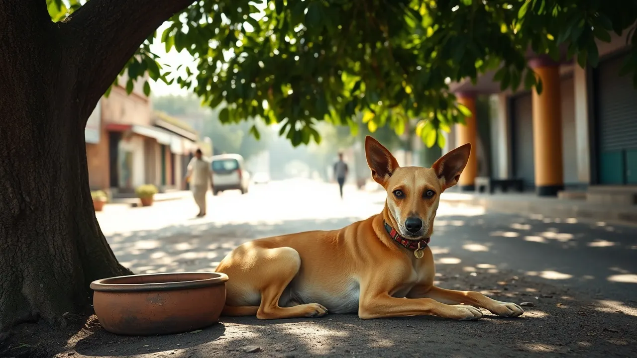 A dog rests in neem shade by a water bowl, as heat shapes pet friendly cities in India