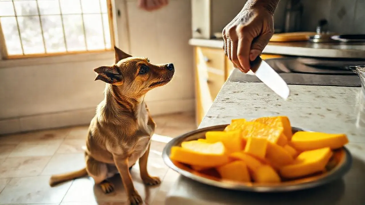 A brown indie dog sitting on a kitchen floor looking up at a plate of sliced mango on the counter