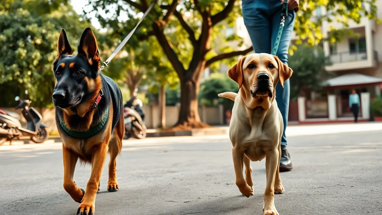 A German Shepherd and a yellow Labrador on leashes walking down a tree-lined Indian residential lane in morning light