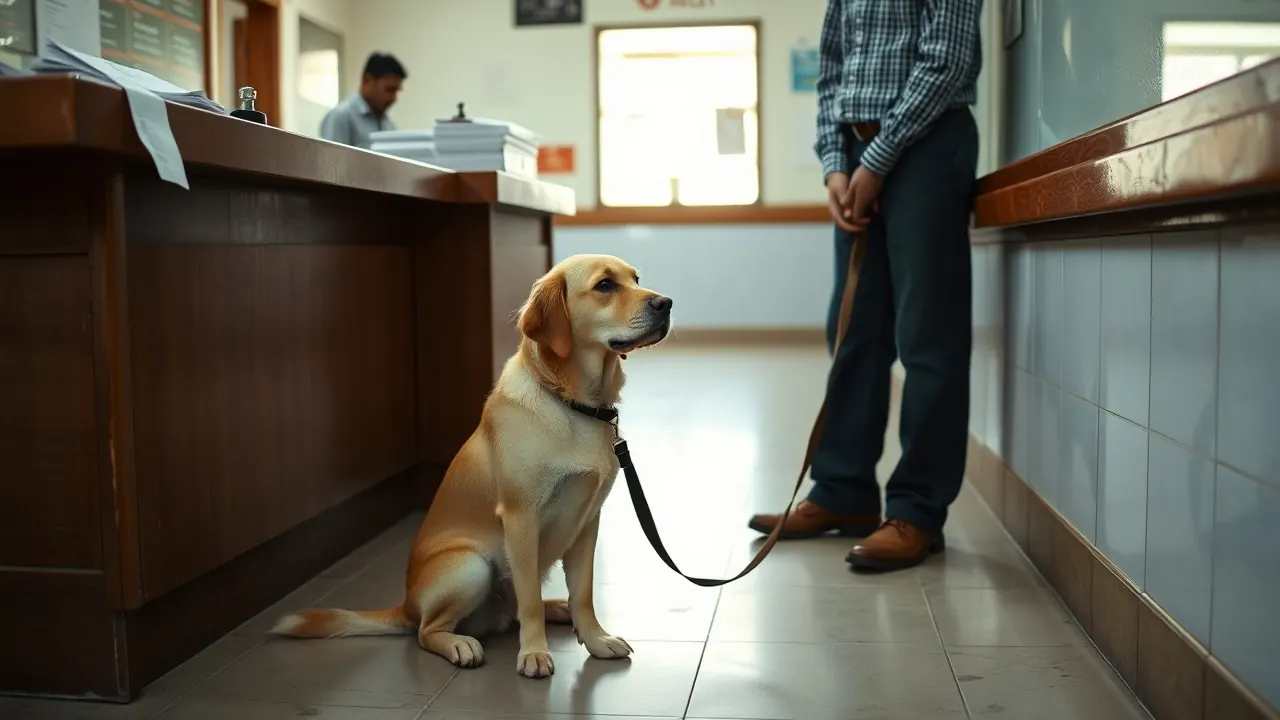 A Labrador sitting on a leash beside a civic office counter with paper forms in an Indian city office