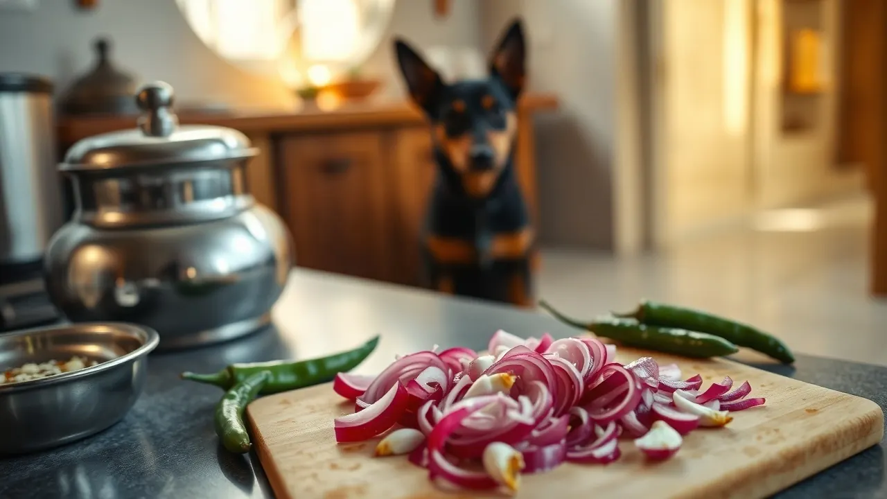 Sliced onions, garlic and green chillies on a kitchen counter with an Indie dog sitting in the background