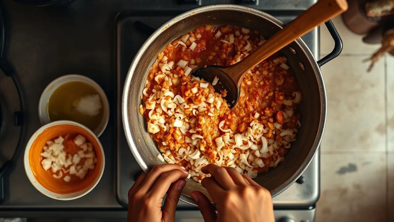 Onion and tomato masala cooking in a kadhai with bowls of chopped onion and ginger garlic paste