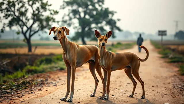 A lean fawn Mudhol Hound and a tan Indian Pariah Dog standing on a village road at dawn