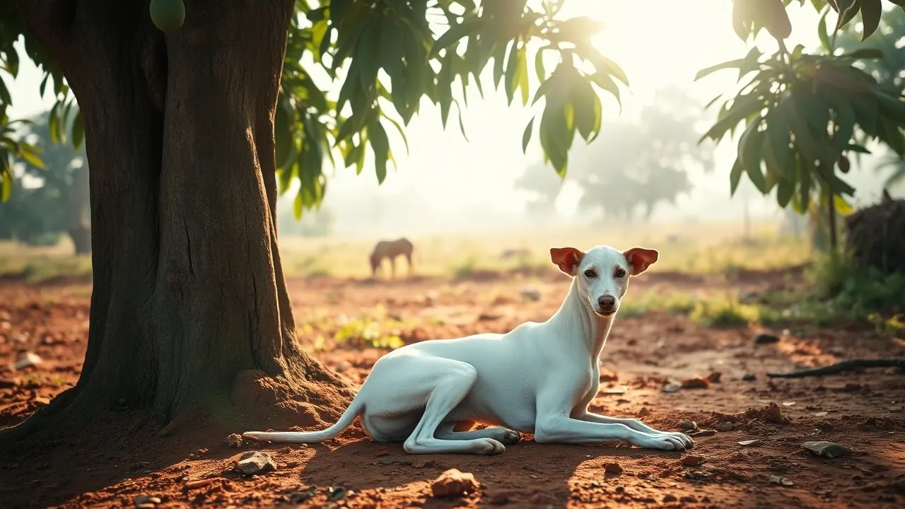 A slender white Rajapalayam dog resting in the shade of a mango tree on red earth