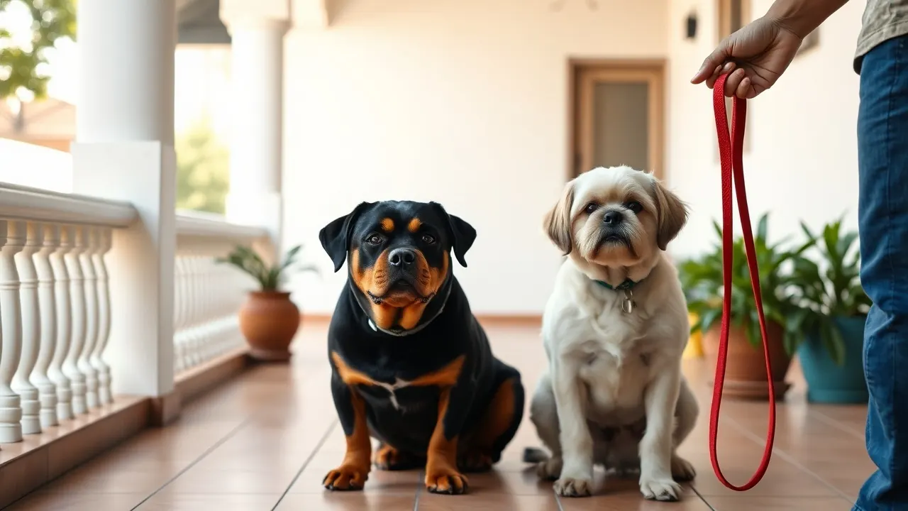 A Rottweiler and a Shih Tzu at a pet boarding kennel in India, where large dogs cost more