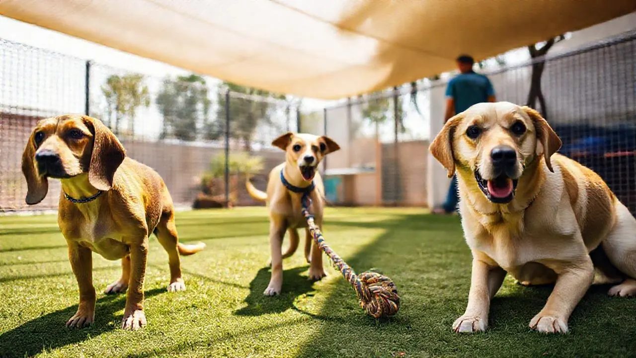 Dogs play in a daycare yard in an Indian city, where dog daycare costs Rs 500 to Rs 800