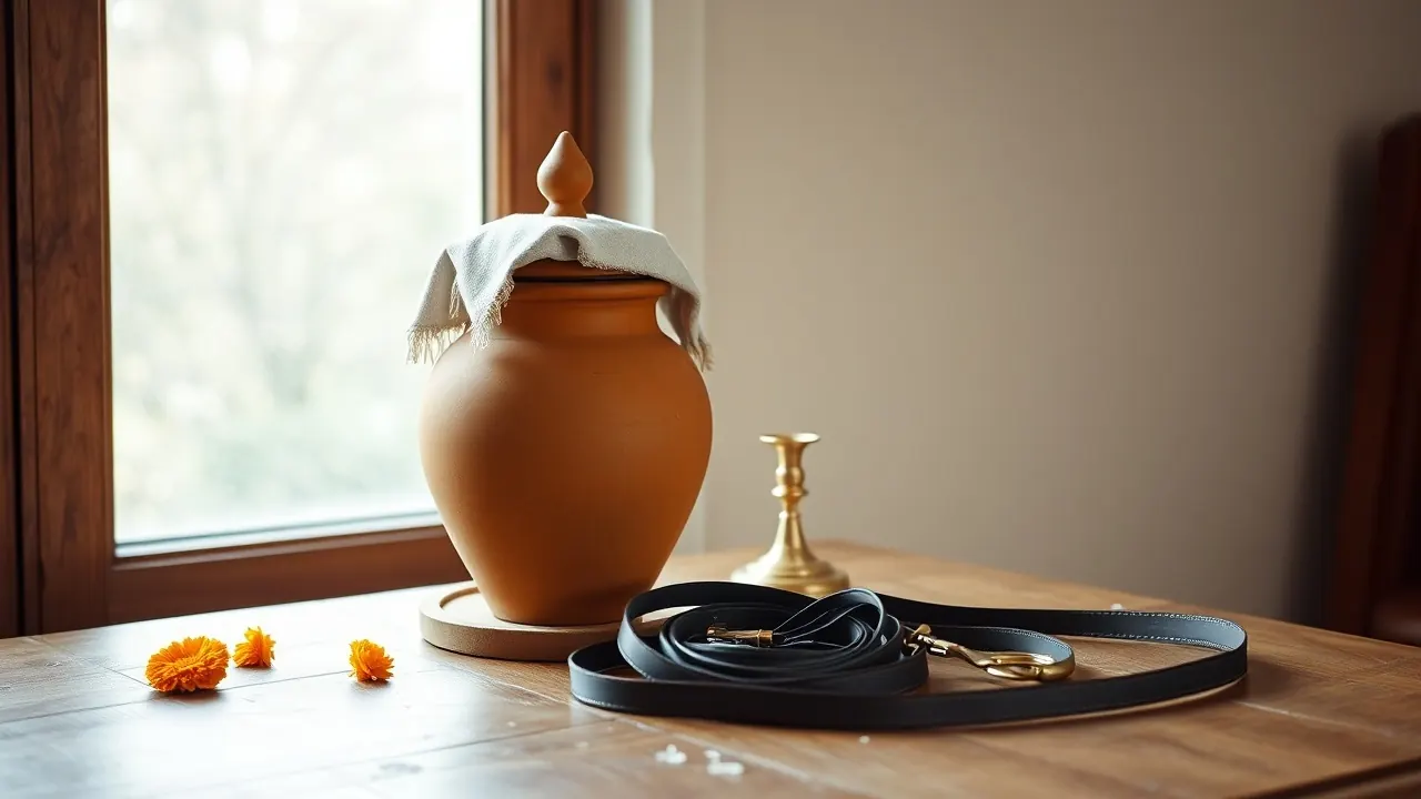 A terracotta urn with marigolds and a dog leash on a table, after a pet cremation in India