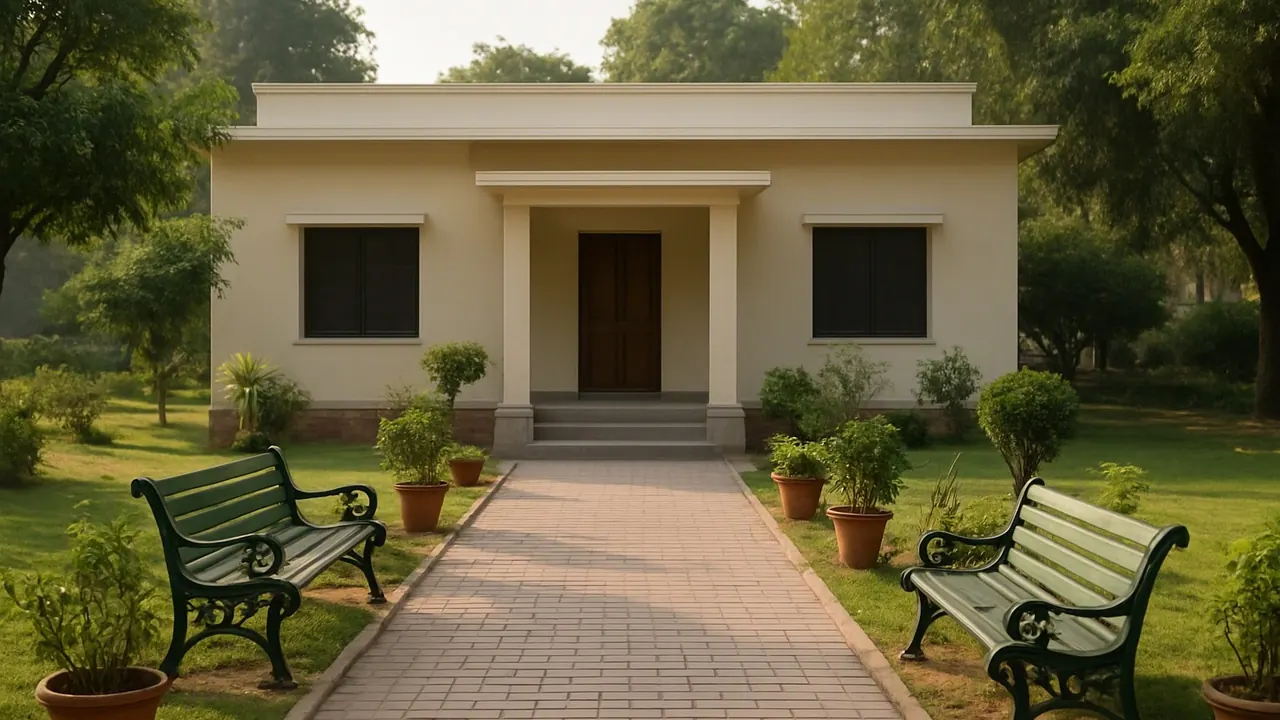A small civic building in a Delhi garden, similar to the MCD facility used for pet cremation in Delhi