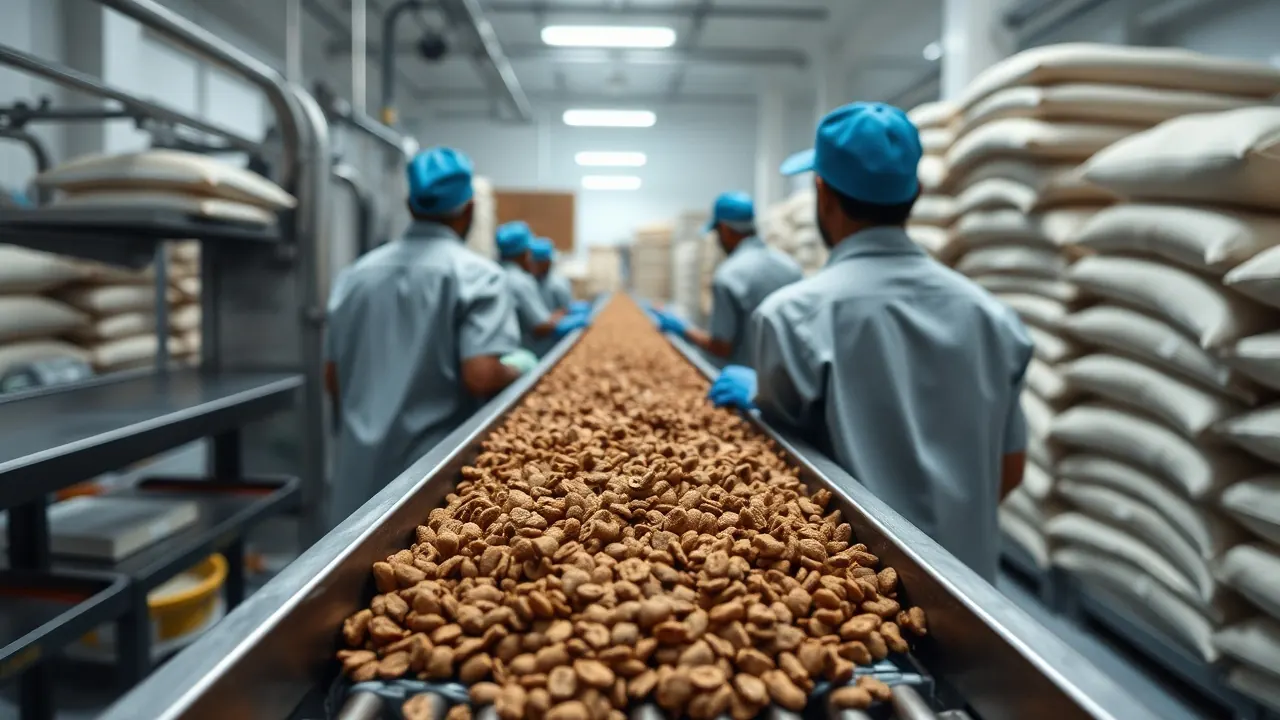 Dry kibble on a steel conveyor in an Indian pet food factory, part of the pet industry in India