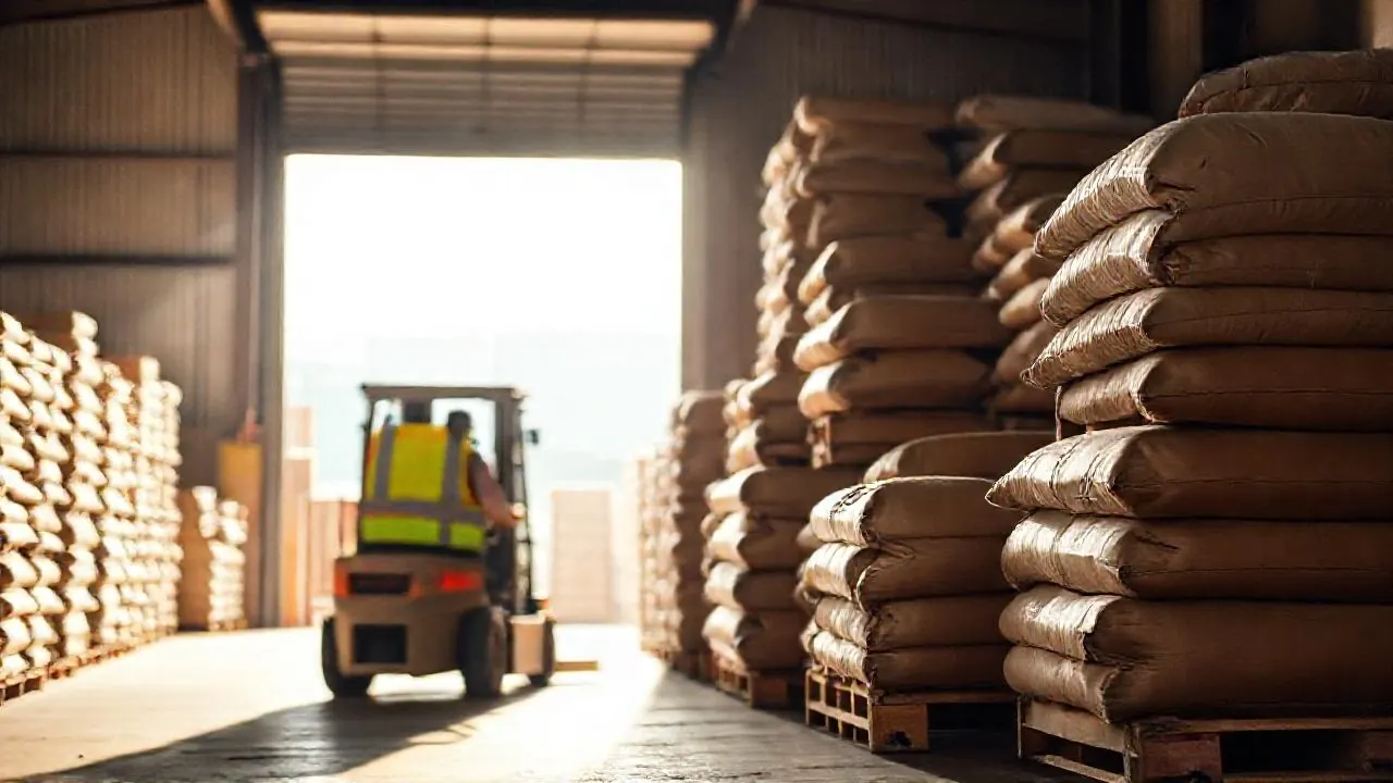 Pallets of plain cartons in an Indian port warehouse, showing pet food exports in India's pet industry
