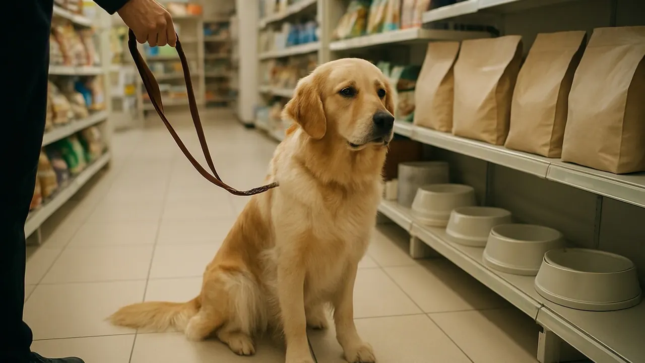 A Golden Retriever on a leash sits in an Indian pet store, illustrating pet industry statistics India 2026