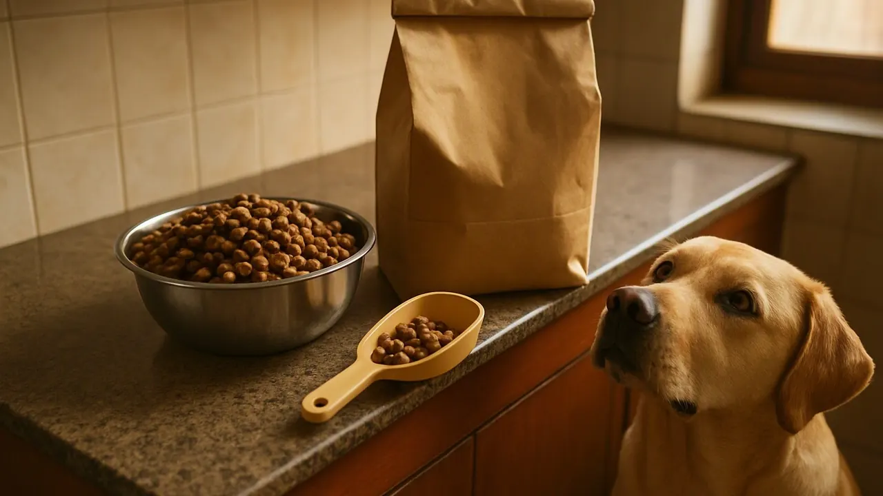 A Labrador looks up at a bowl of dry dog food on an Indian kitchen counter