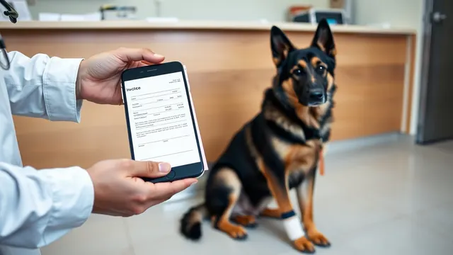 An owner's hands hold a vet invoice and phone while a German Shepherd with a bandaged paw sits beside them.