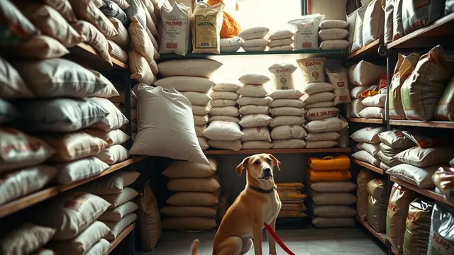A woman's hands lift a sack of dog food in a small Indian pet shop while a tan Indie dog waits on a leash.